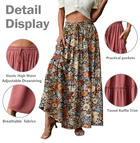 Image of Lepunuo Womens Casual Boho High Waisted Flowy Maxi Skirts Tiered Floral Long Skirts with Pockets for Summer Beach Vacation