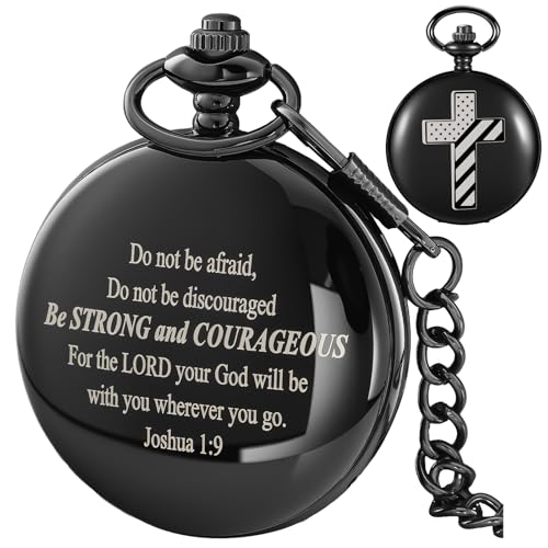 Tiong Bible Verse Pocket Watch Vintage Quartz Pocket Watches Cross American Flag Pattern with Chain Christmas Graduation Birthday Gifts Father's Day