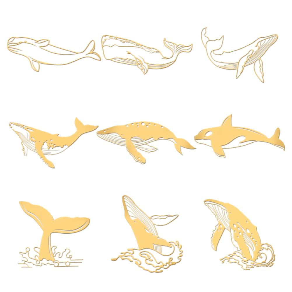 OLYCRAFT9pcs 4x4cm Golden Metal Stickers Whale Metal Stickers Self Adhesive Blue Whale Stickers Ocean Theme Golden Epoxy Stickers Beluga Pyramid Sticker for DIY Scrapbooks Epoxy Resin Decor