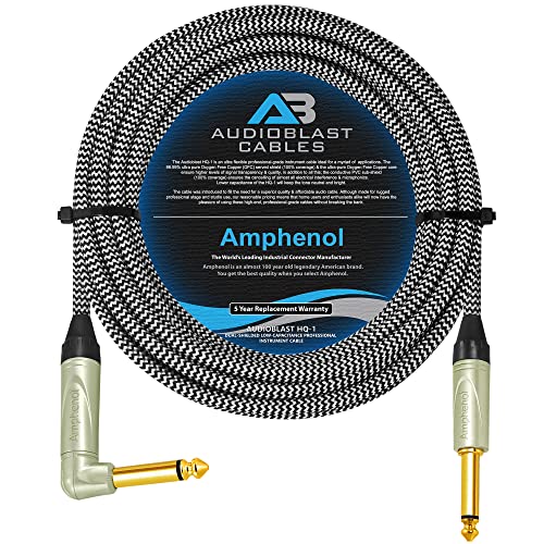 AUDIOBLAST CABLES 18 Foot - Audioblast HQ-1-BRAID (Black+White) – Flexible, Shielded - Guitar Bass Instrument Cable w/Amphenol Q-Series Angled & Straight Gold TS Plugs