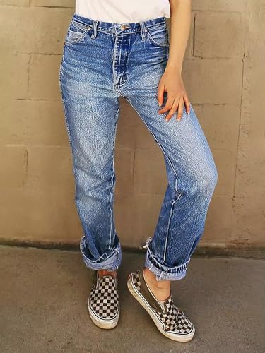 Flamingals High Rise Straight Leg Wash Roll Hem Stylish Trendy Chic Jeans2