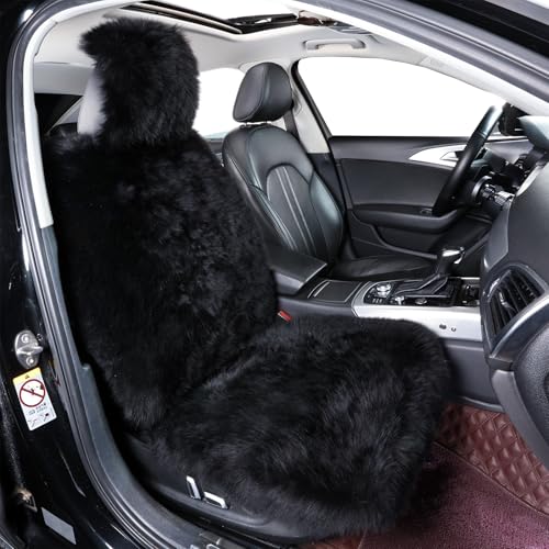 Image of AOGELAN Fluffy Sheepskin Car Seat Cover Long Wool Front Seat Cover Black