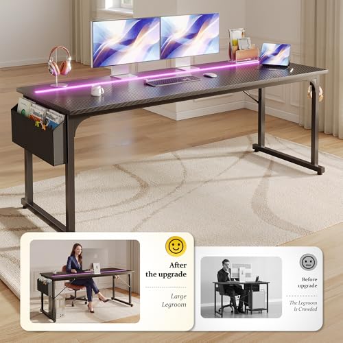 Image of DurayLoly 71 inch Gaming Desk with LED Lights, Large Office Desk for 3 Monitors or 2 laptops,Long Desk with Storage Bag&Headphone Hook for Study Writing Work Wood Desk,Sturdy Metal Frame,Black