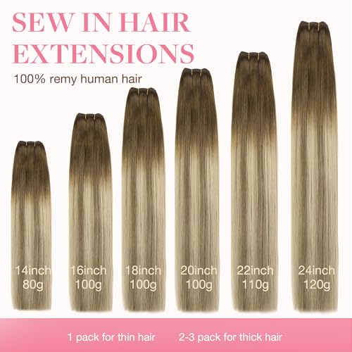 Image of GOO GOO Sew in Hair Extensions Real Human Hair, Weft Hair Extensions Human Hair, 3 /8 /613 Balayage Walnut Brown to Ash Brown and Bleach Blonde 22inch 110g, Weft Bundles Straight Silky Remy Hair