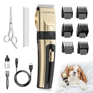 Dog Grooming Clippers, Low Noise, Electric Quiet, Adjustable Clipper Comb, Rechargeable Cordless Dog Hair Clippers for Dogs Cats Pets, Gold