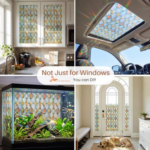 Image of Window Privacy Film, Stained Glass Static Cling Rainbow Stickers 29.5 inch x 78.7 inchDecorative Lattice Window Film Removable with Tools, UV Block Heat Control 3D Vinyl Covering Non-Adhesive for Home Door