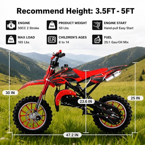 Image of 50cc Dirt Bike, 2 Stroke Gas Mini Bike for Kids 8-14 with Front Rear Disc Brakes, 10 Inch Off-Road Tires, Shock Absorption, Seat Height 23.6in, Max Speed 40mph, 2026 Upgraded,Classic Red