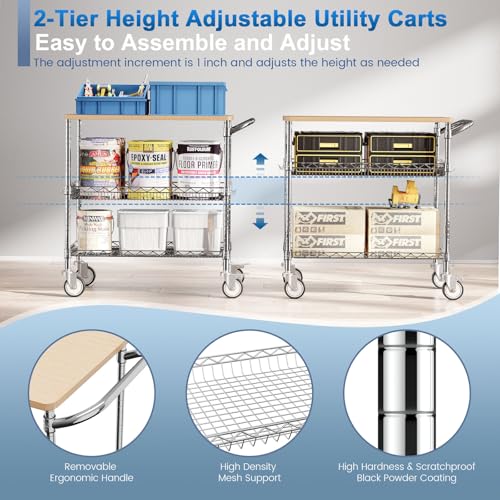 Image of Rolling Kitchen Carts with Wheels, 3-Tier Utility Cart with Wood Tabletop