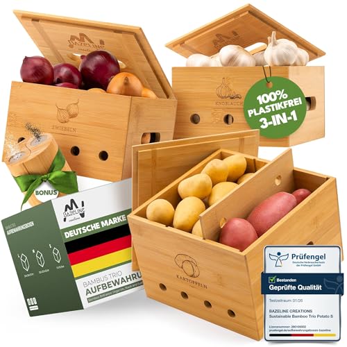 Bazeline Creations Nachhaltige Bambus Trio Kartoffel Aufbewahrungsbox [3er Set] mit Deckel Zwiebel & Knoblauch Aufbewahrung Umweltfreundliche Küche mit Belüftungslöchern (Braun)