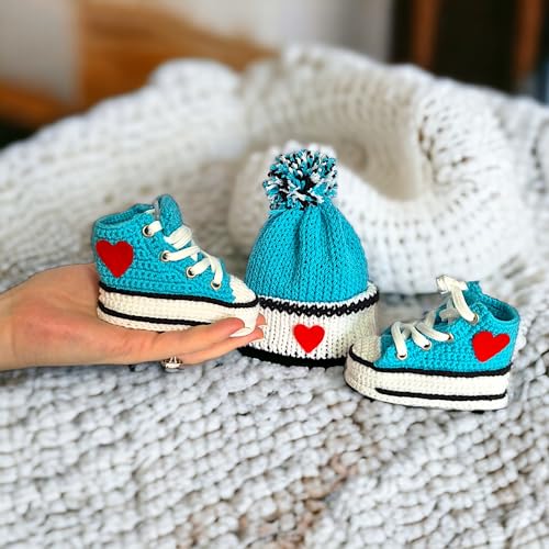 Turquoise Crochet Baby Booties & Beanie Set, Newborn Custom Sneakers, Handmade Infant Shoes, Soft Sole Knit Baby Boots, Newborn Baby Gift3