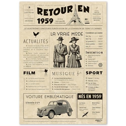 FestySpark Cadeau Original Retour en 1959 - Idée Cadeau 67 Ans femme et homme - Carte Anniversaire 67 ans femme et homme - Decoration Anniversaire 67 ans - Carte d’Anniversaire avec Félicitations