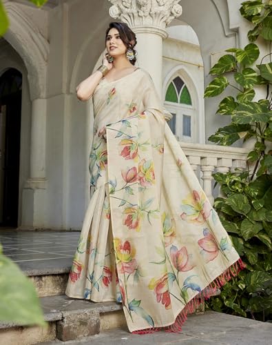 Image of Yashika Women's Chanderi Floral Digital Print Chandheri Saree with Unstitched Blouse Material