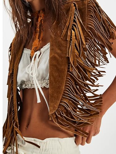 Women Tassel Vest Y2K Sleeveless Fringe Wide Eyes Suede Collar Shawl Open Front Boho Western Jacket Cardigan4