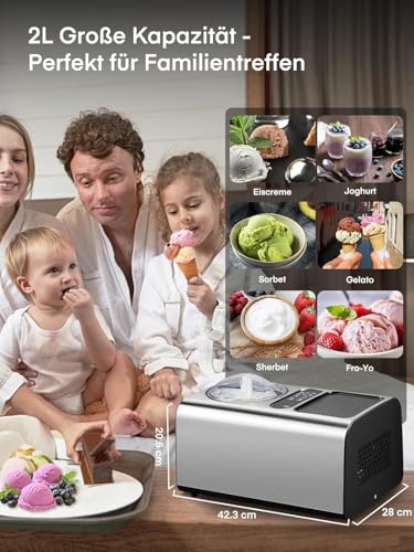 3-in-1 Eismaschine 2L, Joghurtfunktion, Testsieger 2024, 180 W Eiscrememaschine aus Edelstahl mit Kühl- u. Heizfunktion, hausgemachtes Speiseeis mit selbstkühlendem Kompressor, FOHERE – Bild 4