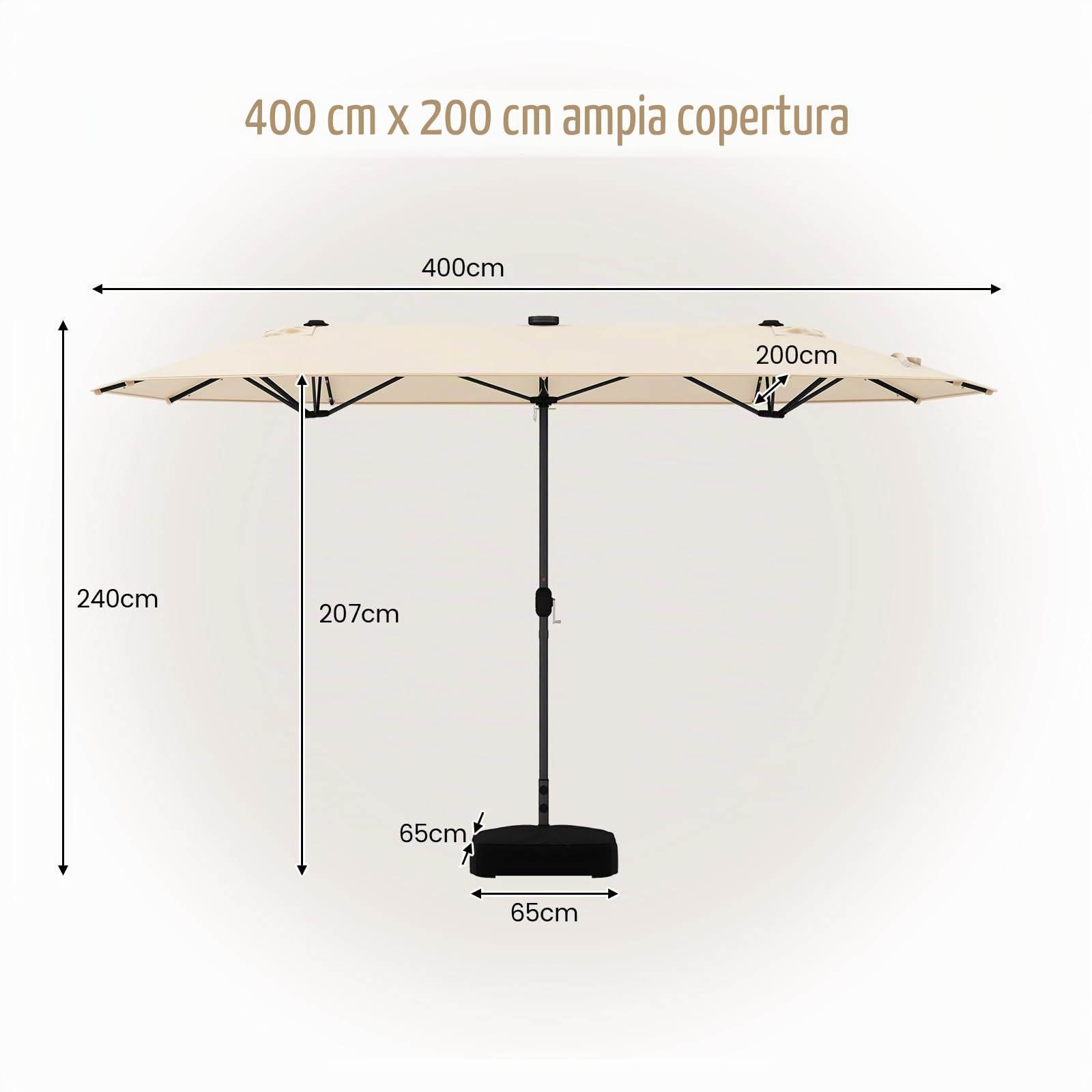 KOMFOTTEU Ombrellone da Giardino Doppio 4 x 2 m con LED, Ombrellone Rettangolare con Manovella e Base, Ombrellone da Balcone Grande Impermeabile, Ombrellone da Patio per Piscina, Cortile