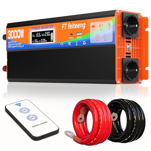 3000W Wechselrichter 12V auf 230V Spannungswandler mit 2 Europäische Steckdose und USB-C-Anschluss und QC 3.0-Hafen LCD SpannungsanzeigeFür Wohnmobil Haushaltsgeräten