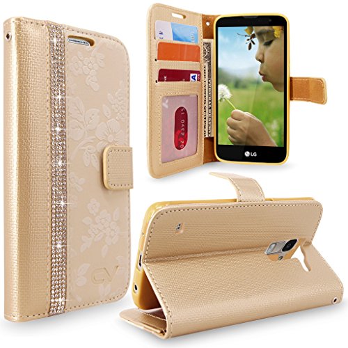 LG K7 Case/LG Tribute 5 Case, Cellularvilla [Slim Fit] [Stand Feature] Premium Pu Leather Wallet Case [Card Slots] [Wristlet] Book Style Flip Cover for LG K7 / Tribute 5 (Golden Bling)
