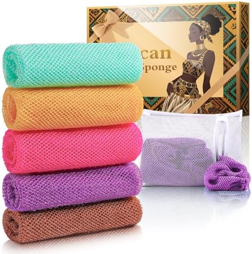 5 Pieces African Net Sponge Authentic – Bath Net Sponge, Washcloth African Net Cloth Wash Net Body Back Scrubber for Ultimate Skin Renewal(Green,Pink,Orange,Purple,Brown)