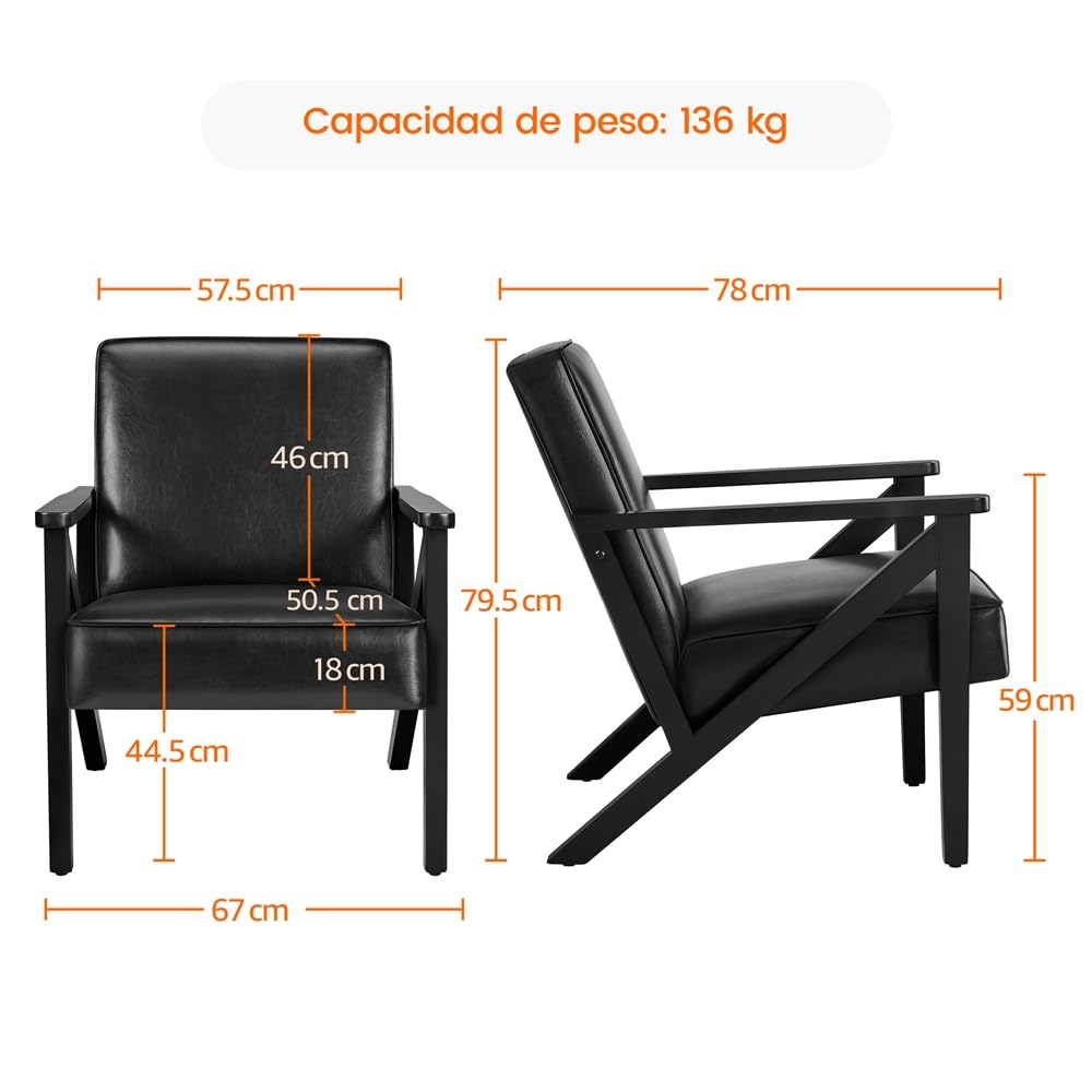 Yaheetech Sillón de Piel Sintética para Salón con Respaldo, Negro | Sillón Relax, Patas de Mader, para Sala de Estar, Oficina y Recepción, Marco de madera de caucho sólida
