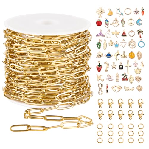 GTVOODX Necklace Chains for Jewelry Making, 16.4 Feet Paperclip Stainless Steel Gold Filled Chain Bulk Jewelry Making Supplies with Charm Pendants Jump Rings Lobster Clasps