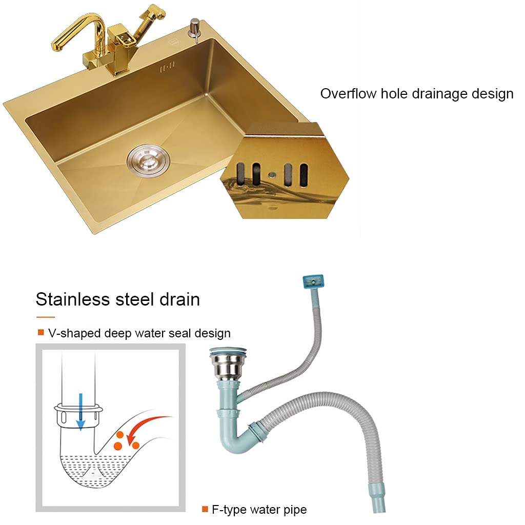 Lavello da Cucina in Acciaio Inox 304 a Una Vasca con Scarico e cestello sottotop o a Incasso Finitura Oro 45x40x21 cm Resistente ed Elegante Facile da installare