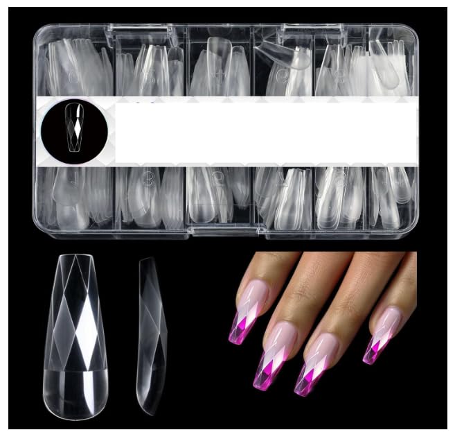 120 Pcs Coffin Nail Tips,Clear Extra Long, 3D Diamond Shape Designs Soft Gel Tip Full Cover Acrylic Nail Tips,Nails Extension 9 Sizes Suitable for Salons and Home DIY