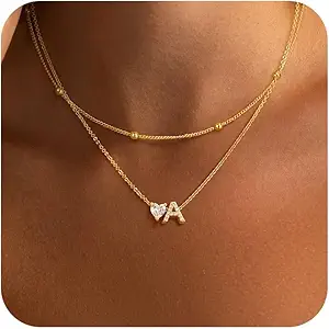 Initial Heart Necklaces for Women - Dainty Cute Necklace Small Layered 14K Gold Plated A-Z Letter CZ Pendant Trendy Satellite Chain Necklaces for Women Non Tarnish Gold Jewelry Set Gift