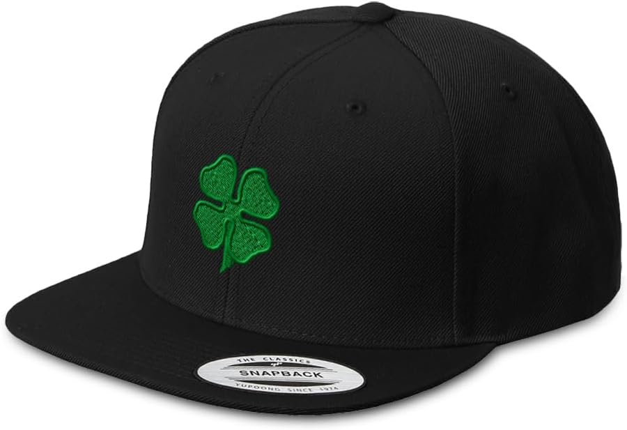 Snapback Hat Cap Four Leaf Shamrock Clover Irish Ireland St Patricks Patty Embroidered Flat Visor Black