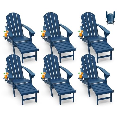 GREENVINES Adirondack-Chairs-with-Ottoman | Set of 6 | Folding | Retractable-Footrest | HDPE Plastic | All Weather Fire Pit Chair | Cup Holders | Blue