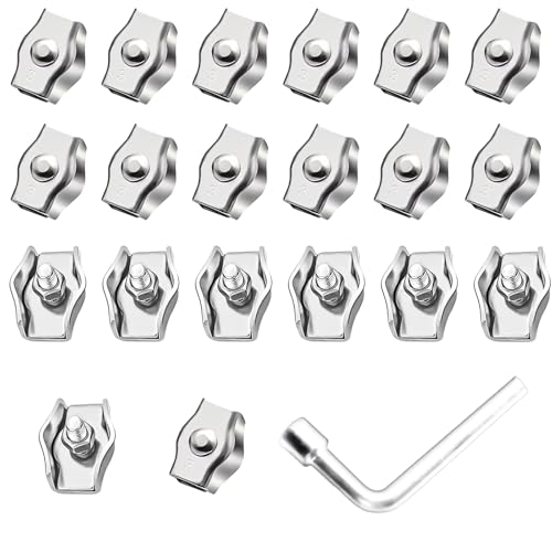 20 Pcs M3 Stainless Steel Wire Rope Clamps, Wire Rope Clips, Heavy Duty Cable Clamps Rope Grips, Single Wire Rope Cable Fastening Clips for Clothesline Awning Banners, with 7mm Wrench