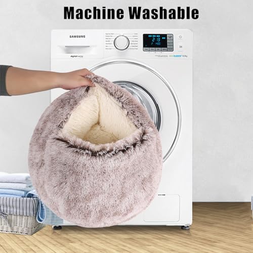 Coffee Round Hooded Cat & Dog Bed - Faux Fur Cuddler Cave, Self-Warming Donut Bed, Fits up to 22 lbs Pets (24x24 inch) by KKBDOO - Image 6