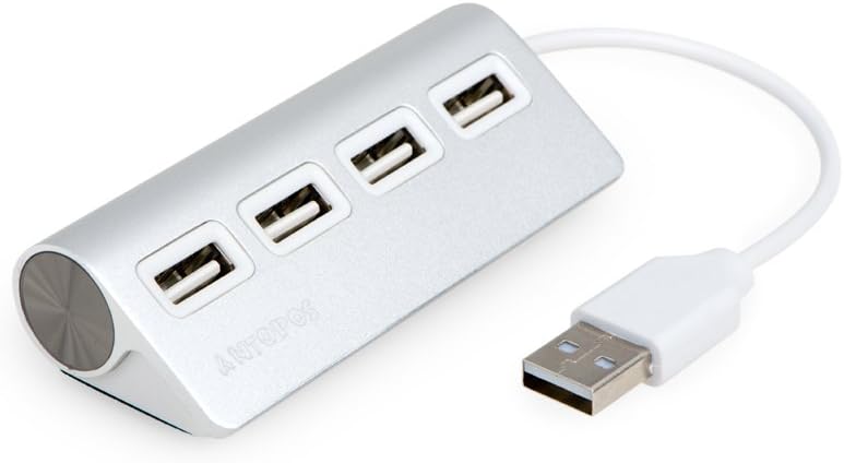 Antopos (TM) USB 2.0 High Speed Portable Premium Aluminum 4 Port USB Hub for iMac, MacBook, MacBook Pro, MacBook Air, Mac Mini, PCs or Laptops (Silver)