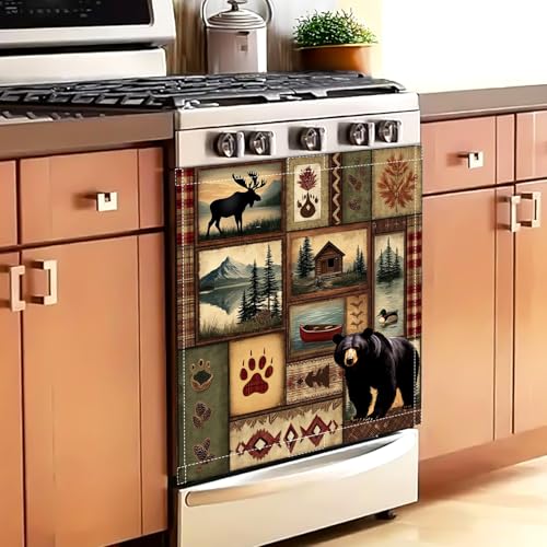 Image of Cabin Bear Dishwasher Magnet Cover, 23''x26'' Rustic Lodge Moose Deer Dishwasher Magnet Cover Summer Dishwasher Sticker for Kitchen Farm Dish Washer Sticker Fridge Panel Decal