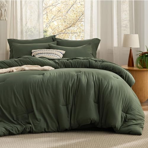 Image of Bedsure Dark Green Bed Set Queen Size, Soft Bed in a Bag 7 Pieces, Alternative Comforter Set for All Seasons, Breathable Marshmallow Prewashed Bedding Set with Comforters, Sheets, Pillowcases & Shams