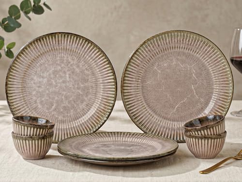 Image of Bodhi House Premium 8-Piece Stoneware Dinner Set Serving for 4 - Handcrafted Ceramic Plates, Bowls & Serving Bowls | Microwave & Dishwasher Safe | Elegant Modern Tableware Crockery Petal Pink