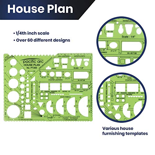 Image of Pacific Arc House Plans Templates Guide, with Stairs, Doors, Plumbing, Kitchen Appliances, and Roof Pitch Gauge, Scale of 1 /4 Inch to 1 Foot