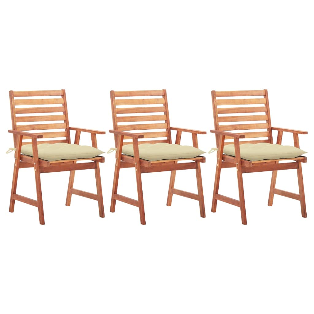 Zestaw 3 krzeseł ogrodowych z drewna akacjowego z kremowymi wodoodpornymi poduszkami, nowoczesny design do użytku na zewnątrz, idealne na taras, patio i do jadalni, na zewnątrz, do budowy
