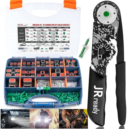 JRready DW5009-02 Deutsch Connector Kit,2 Pin Connector,3,4,6,8,12 Pin DT Waterproof Connector with Deutsch Crimper 12-22AWG,Size 16 Solid Contacts,Pin Removal Tool for Truck,Motorcycle,Automotive