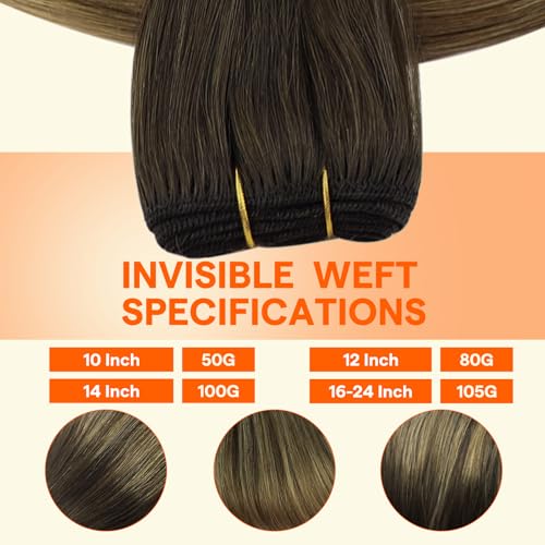 Image of Full Shine Invisible Weft Hair Extensions 16 Inch 105G Brown Honey Blonde | Invisible Weft, Sew In Extensions, Dark Brown To Honey Blonde Mix Ash Brown Balayage, Remy Human Hair, Add Volume