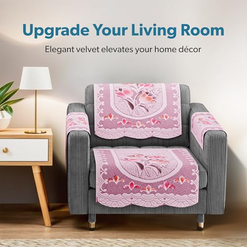 Image of Kuber Industries (Set of 16) Stylish & Durable Cotton Sofa Covers 5 Seater with Arms | Aesthetic Sofa Protector & Slipcover for Living Room & Office | Flower Design - White & Pink