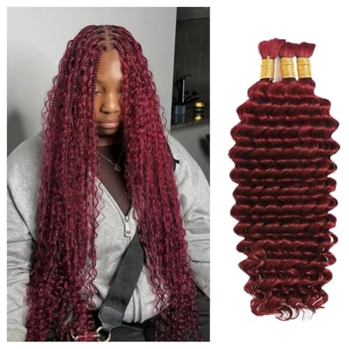 100 Percent Human Boho Braiding Hair DeepWave Bulk Boho Hair for Braiding Curly BundlesHuman Hair for Boho Braids Wet and WawBraiding Hair Extension No Weft (18inch,Burgundy Red)