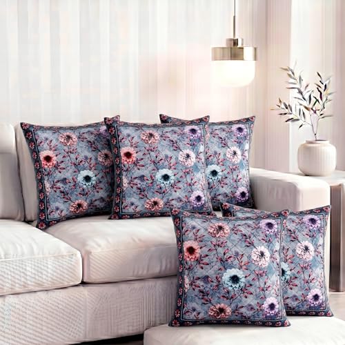 Image of Nendle Printed Holland Velvet Cushion Covers Set of 5, 16 x 16 Inches (40 x 40 cm), Decorative Sofa Cushion Cover with Zipper Closure, Floral Geometric Abstract Bohemian Designs, Multicolor