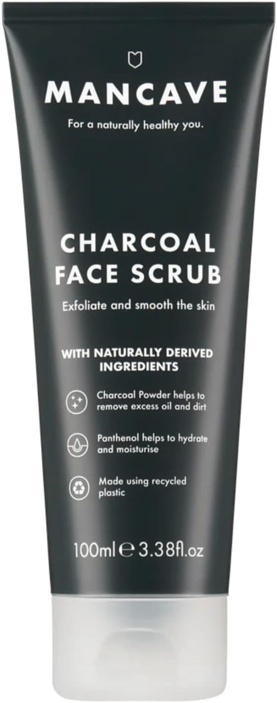 Charcoal Face Scrub 100ml for Men, Exfoliate & Smooth Skin, Dermatlogically Tested, Natural Formulation, Vegan Friendly and Cruelty Free, Tube made from Recycled Plastics, Made in England