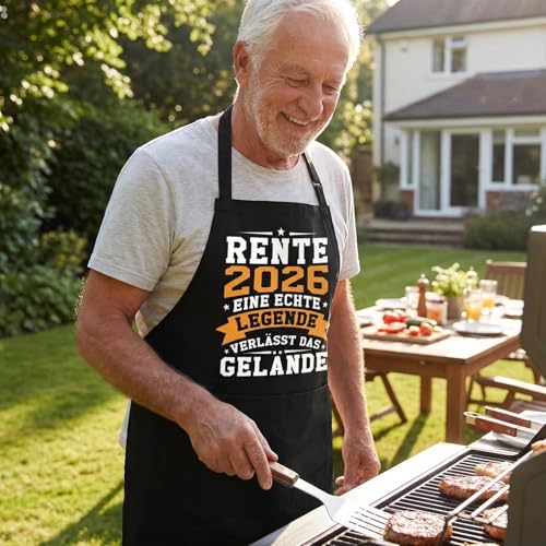 MOAZIFI Rentner Geschenk Mann, Schwarze Kochschürze mit Verstellbarem Nackengurt Großen Taschen, Renteneintritt Geschenk Männer, Pension Geschenk Mann, Verabschiedung Kollegen Väter
