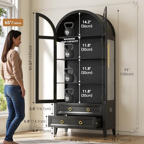 Image of LVSOMT 71 inch Arched Display Cabinet with Glass Doors and Lights, Black