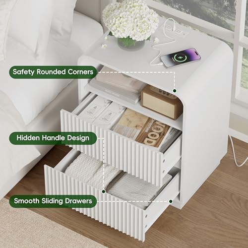 Image of Wodeer White Nightstands Set of 2 with Charging Station, Mid Century Modern End Tables & Bedside Tables, Fluted Wood Small Night Stands with 2 Hidden Drawers and Storage Shelf for Bedroom