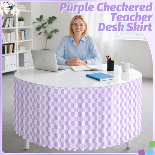 Image of 9FT Purple Checkered Table Skirt Ruffle Colorful Teacher Desk Skirts for Classroom Decorations Rectangle Table Cover Skirt for Back to School Party Supplies Kindergarten Office Dorm Bookcase Cabinet