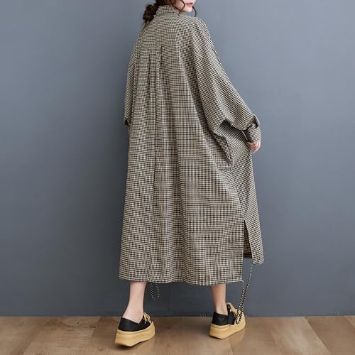 ellazhu Women's Casual Long Sleeve Button Down Loose Plaid Cotton Bat Sleeve Maxi Shirt Dress GA2710 A2