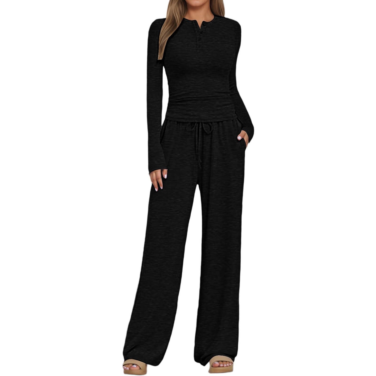 Top casual a maniche lunghe con bottoni e pantaloni a gamba larga, comodo outfit da indossare