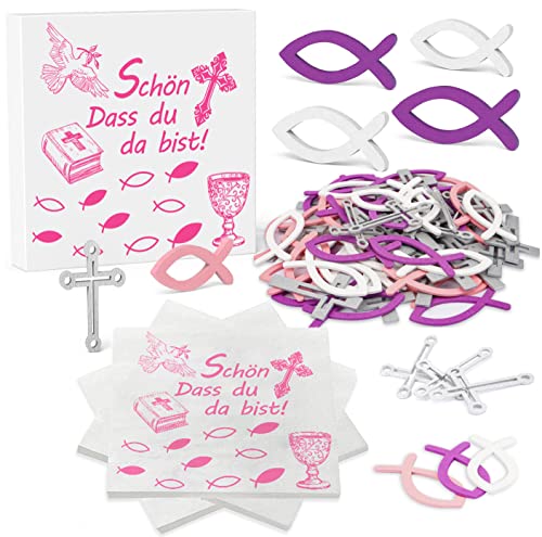 LOVEXIU 90Pcs Kommunion Deko Mädchen, Kommunion Dekoration Mädchen, 45 pcs Holz Fische Deko Rosa und 30 pcs Servietten Taufe, Holz Kreuz Fischdeko, für Taufdeko Mädchen Kommunion Dekoration Cover